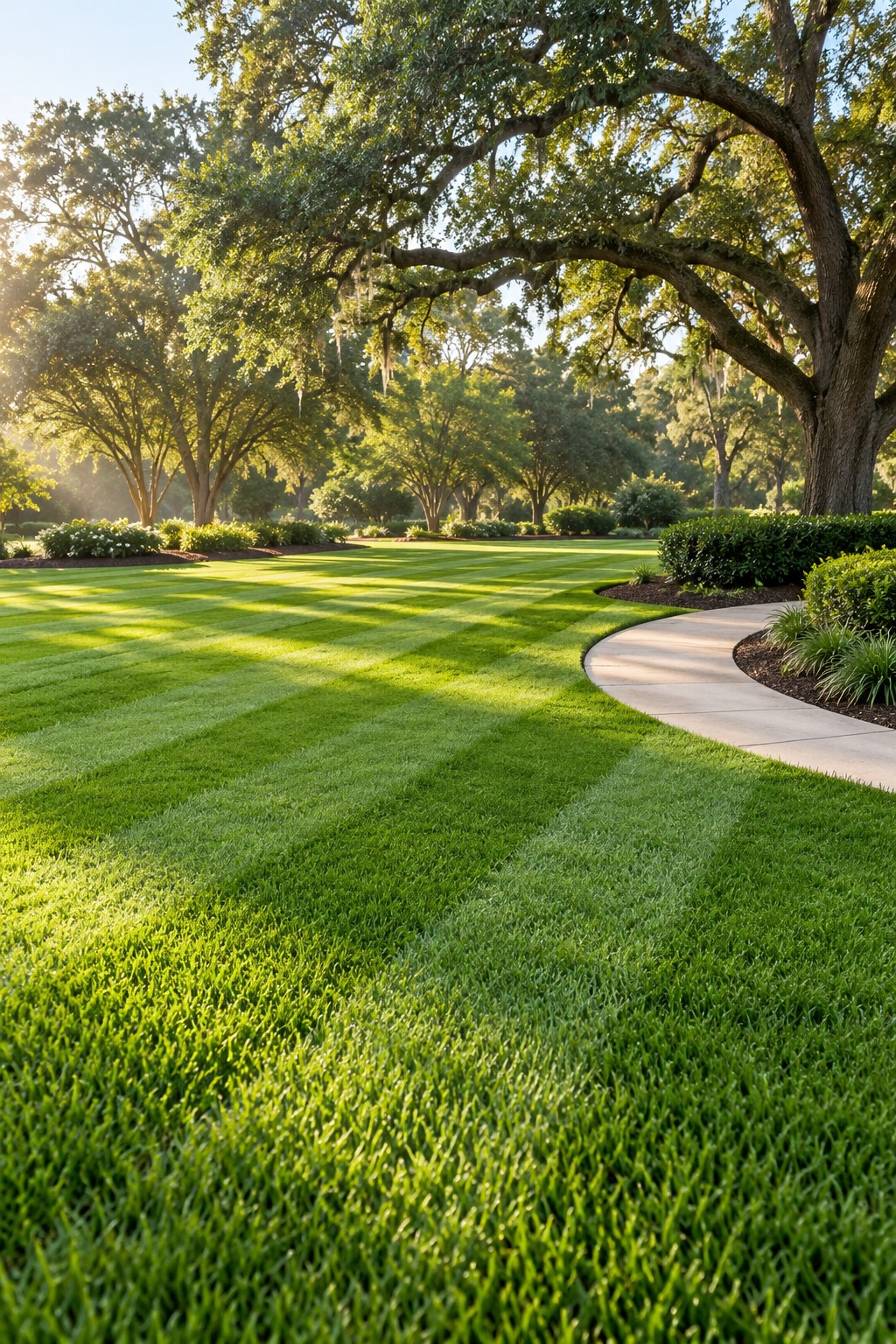 Illustrative landscape image of a maintained lawn, edged planting beds and a curved walkway beneath mature oak trees
